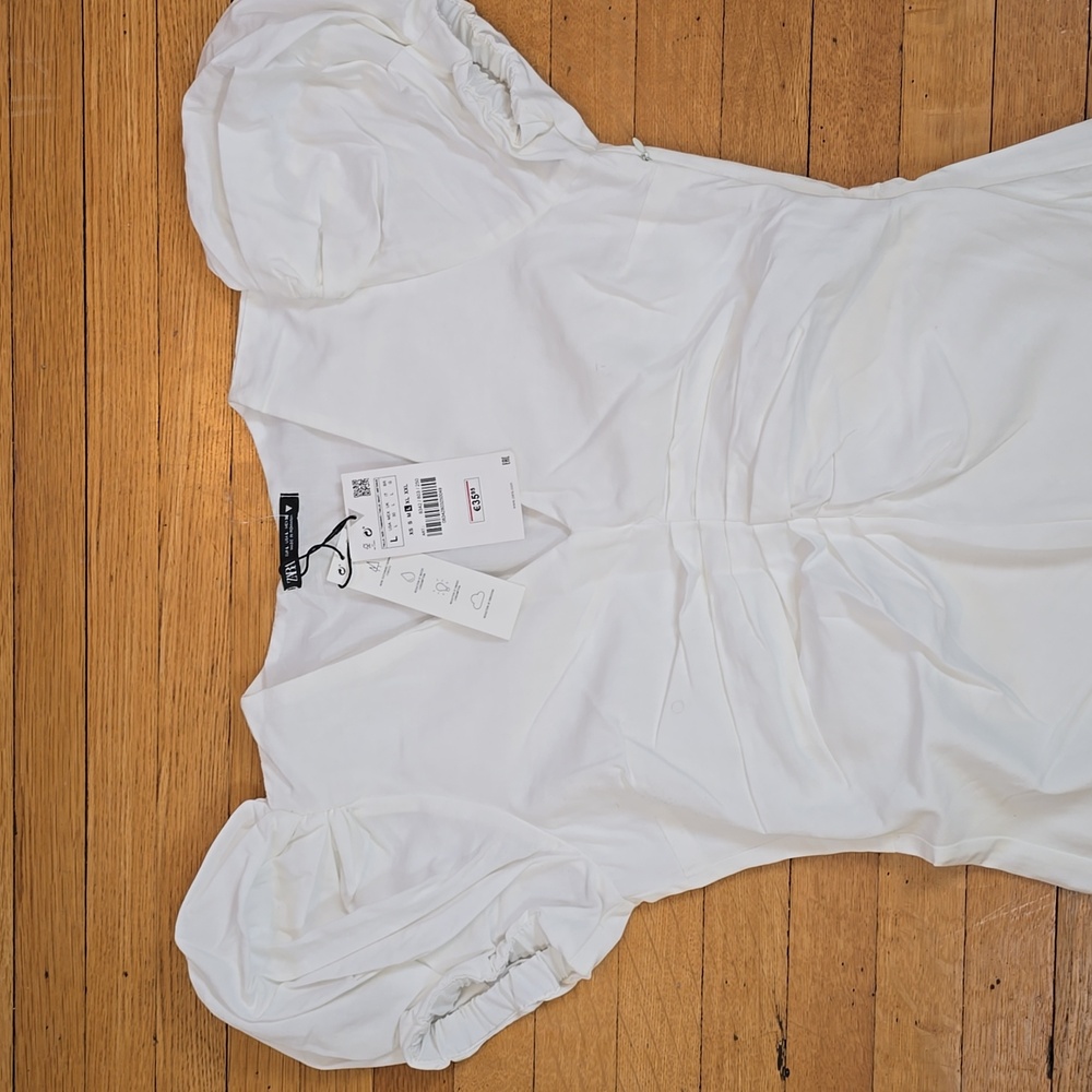 NWT, Zara, White Poplin Puff Sleeve Ruched Maxi Dress, Women's L - Picture 3 of 14